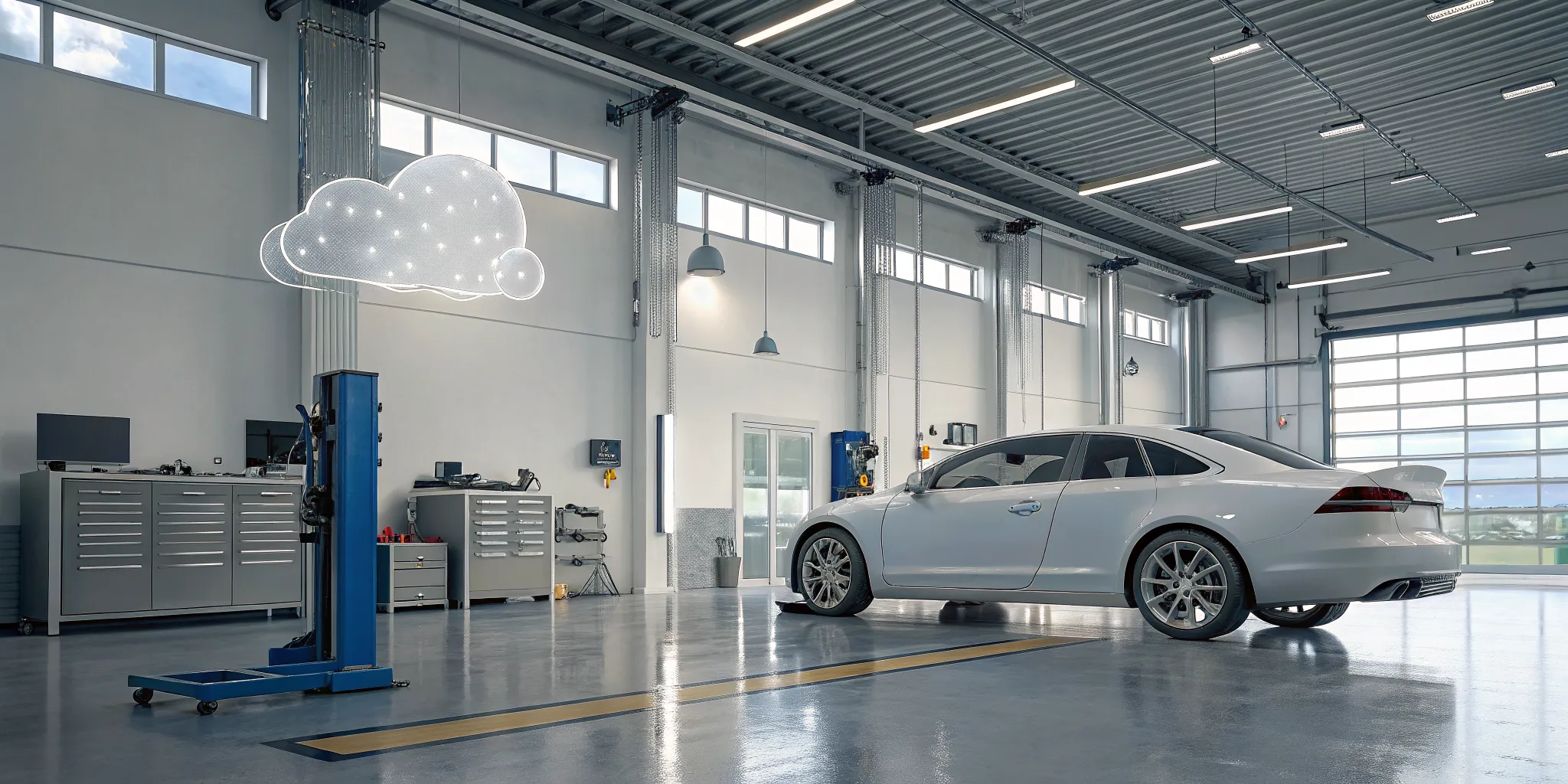 A modern auto shop with a car and a digital cloud, representing the benefits of cloud ERP.