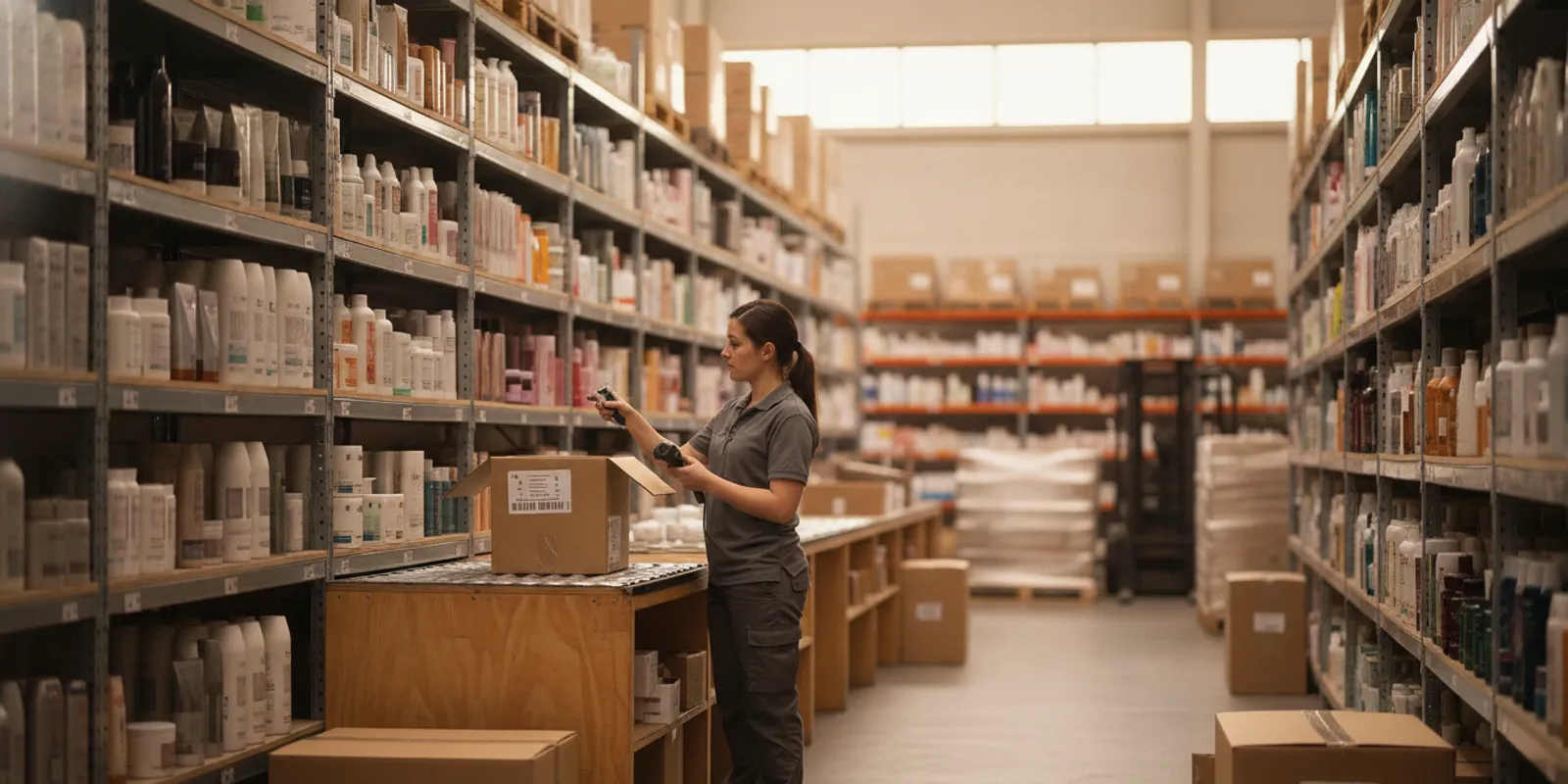 Beauty supply warehouse employee checking organized product inventory for wholesale orders