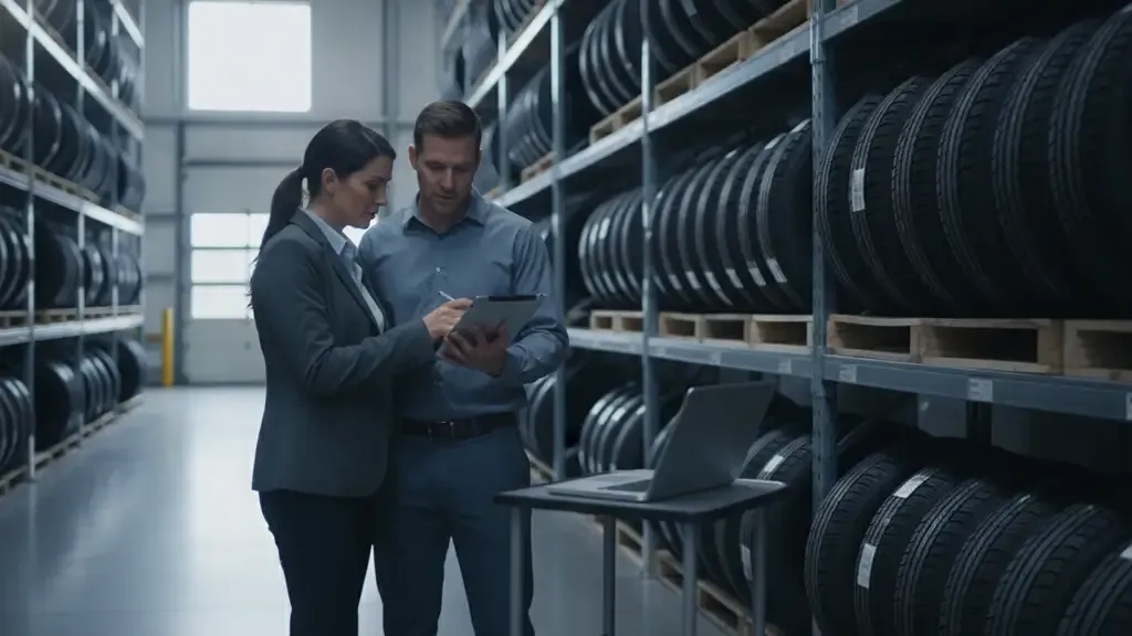 Tire distributor operations managers reviewing wholesale pricing workflows in a warehouse
