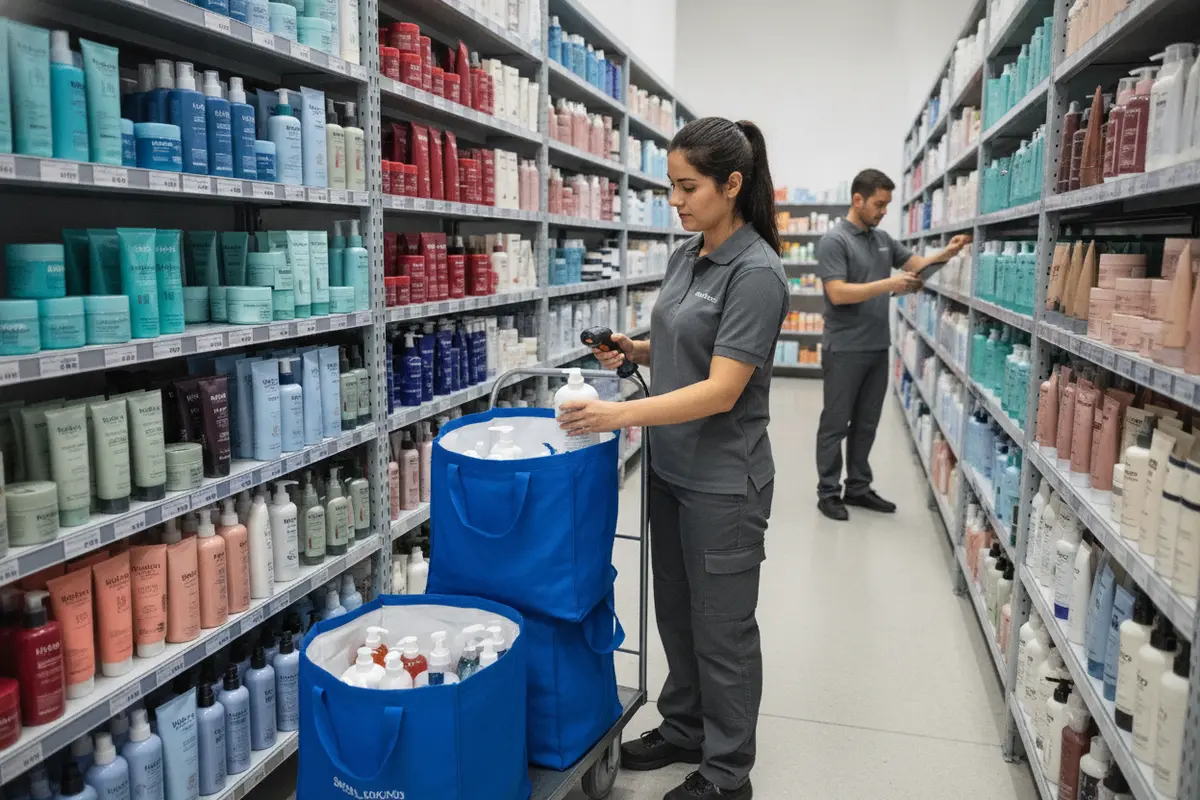 Employee picking professional beauty products for a salon wholesale order