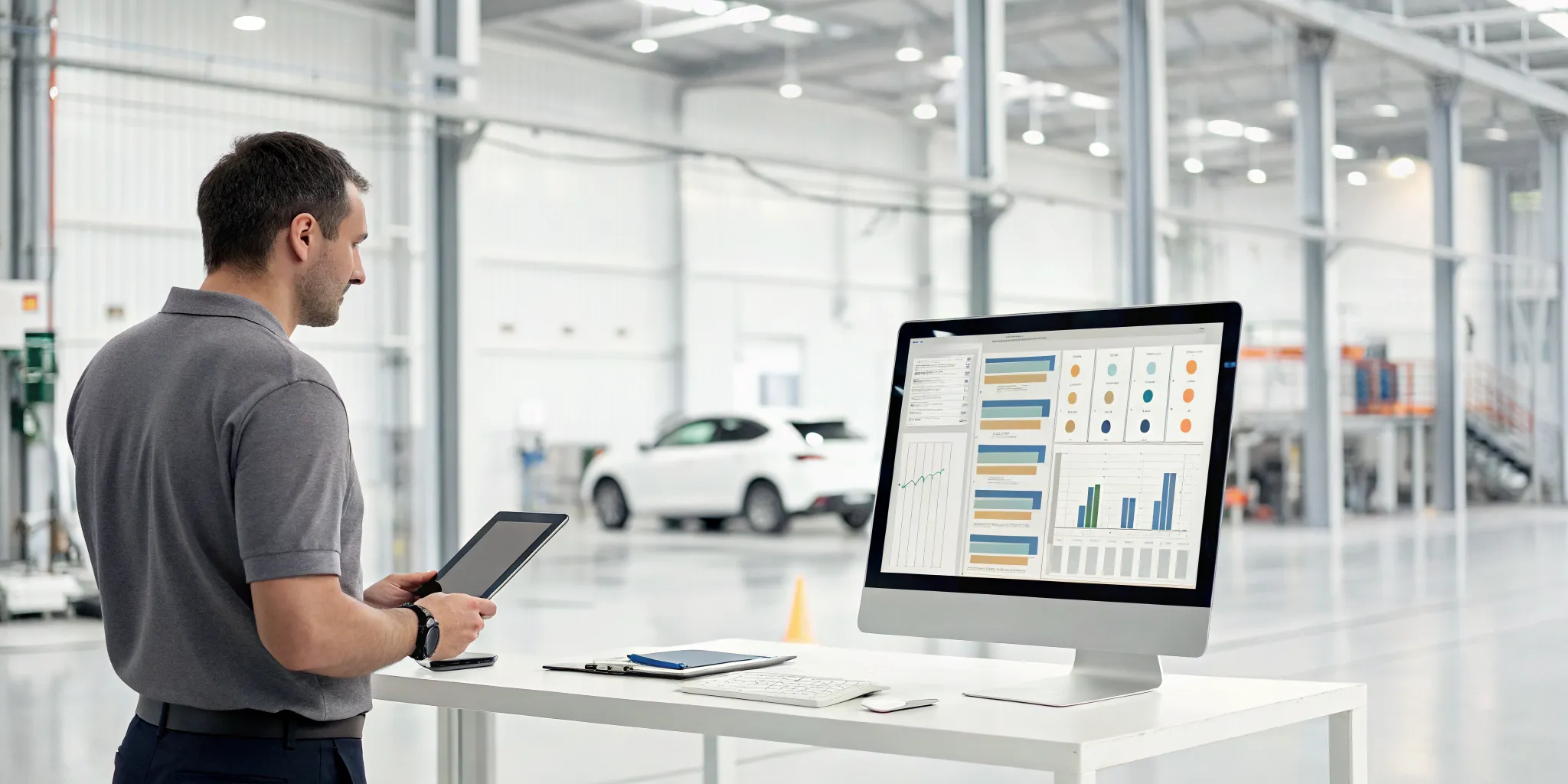 Man in a tire shop choosing software by reviewing an analytics dashboard on a tablet.