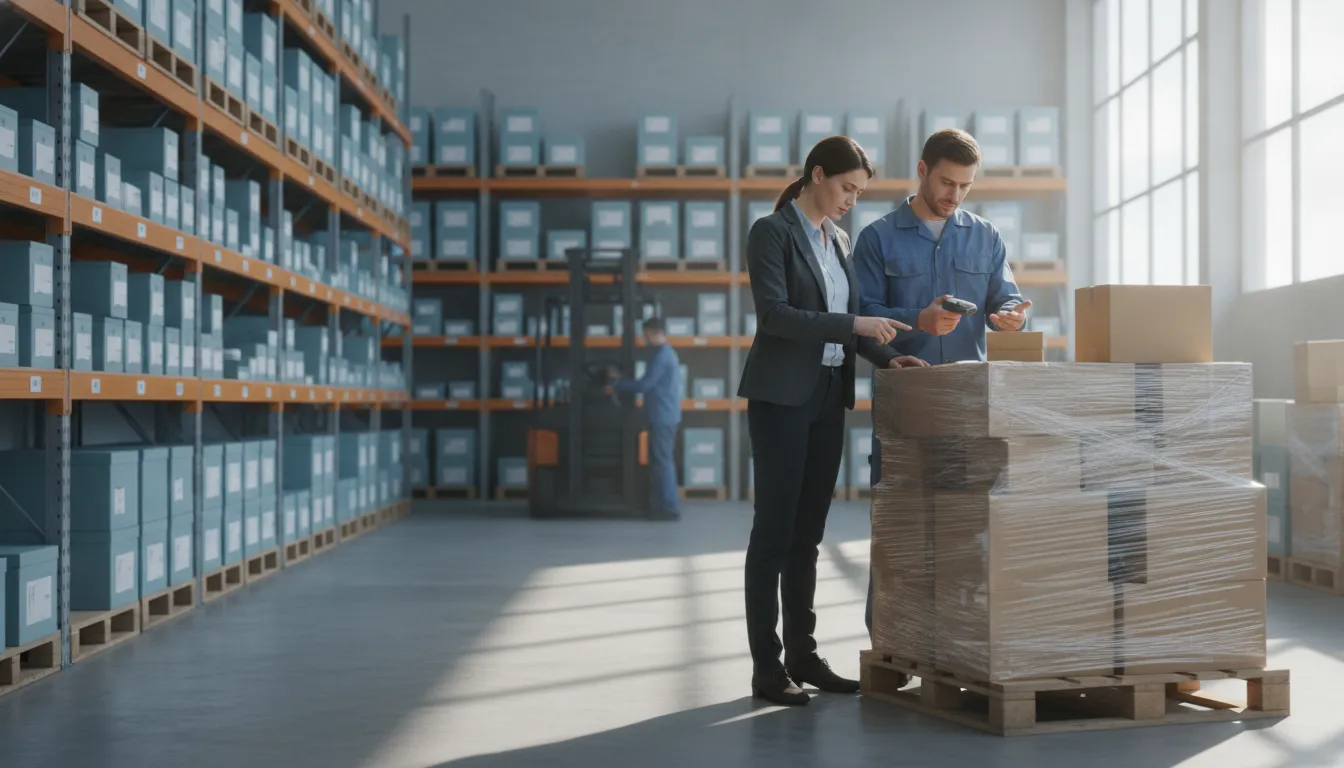 Beauty supply warehouse team reviewing incoming product lots