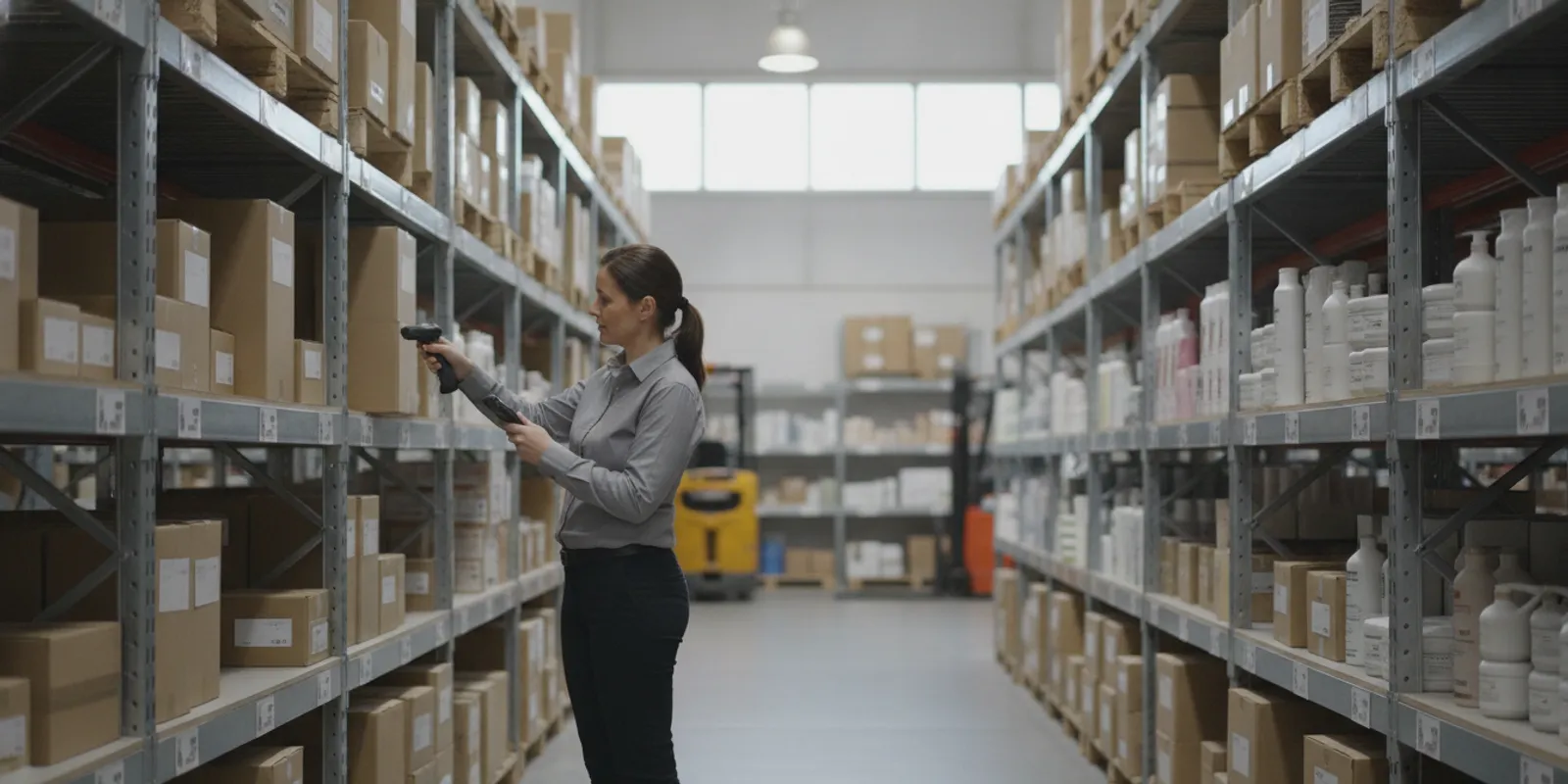 Beauty supply warehouse worker checking cartons and inventory on a handheld device