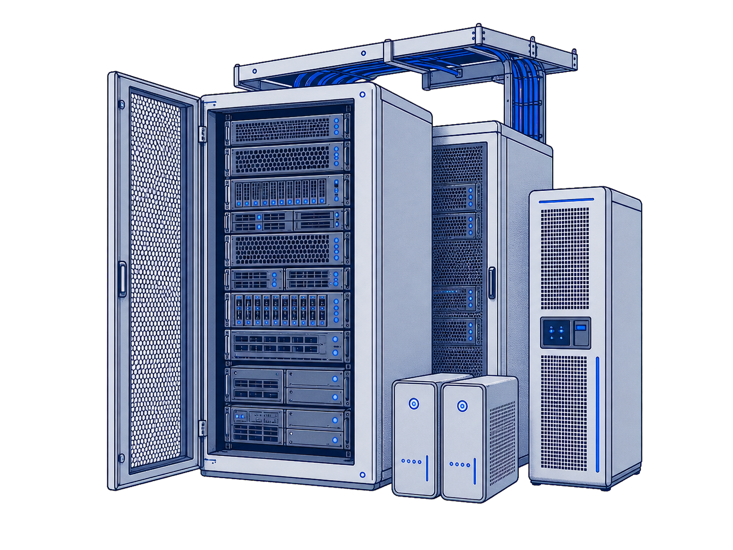 Illustration of a deployed data center with server racks, cooling, redundant power and overhead cabling