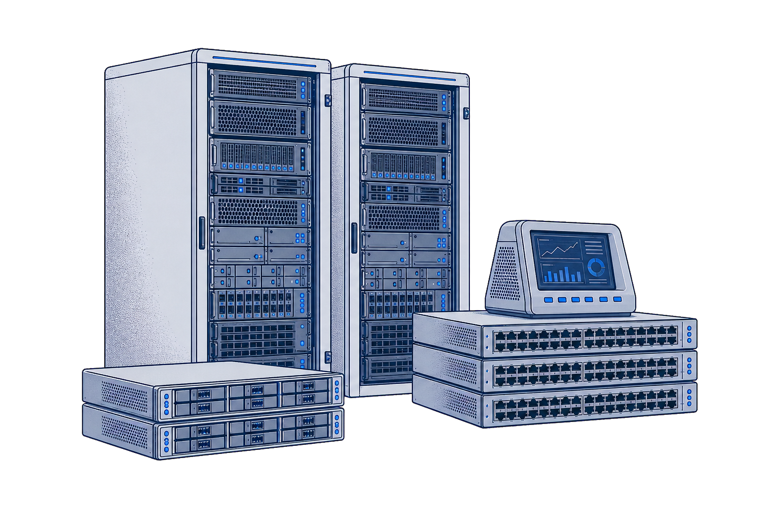 Illustration of server racks, network switches and an infrastructure monitoring console